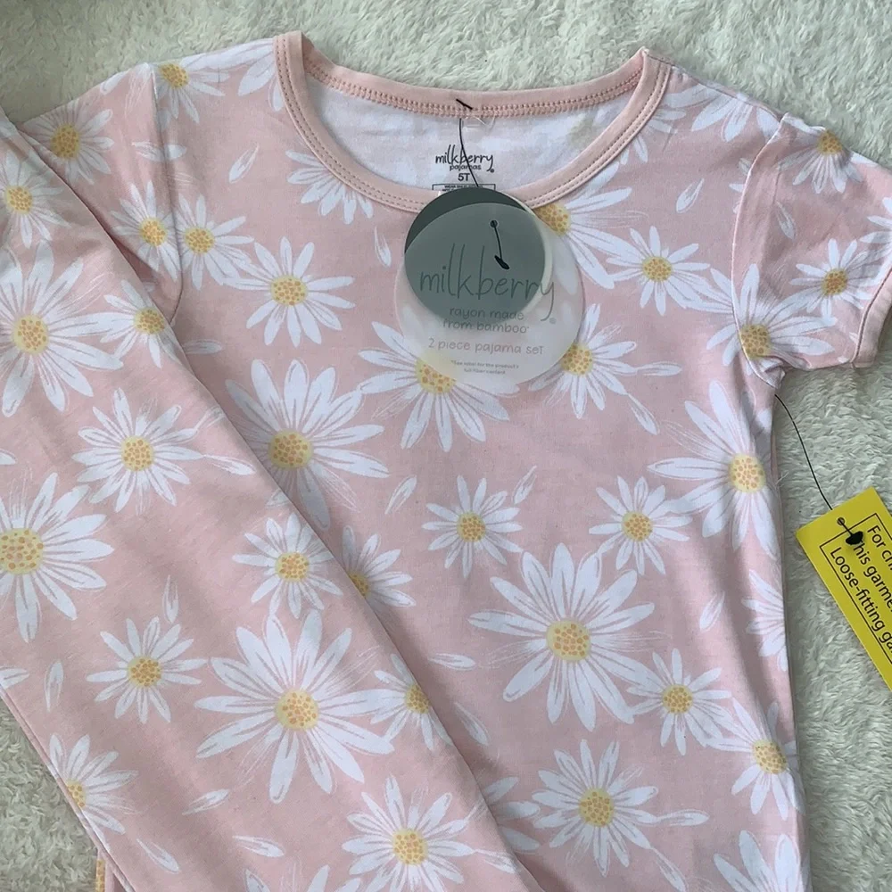 NWT Milkberry Pink Daisy Girls Pajamas 3T Bamboo Loungewear - Picture 2 of 7